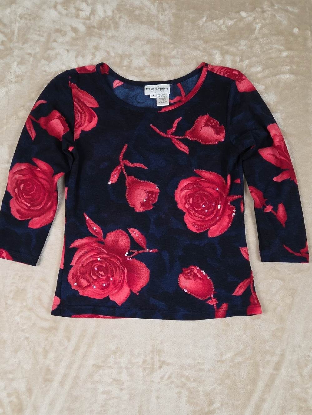 Haven Bleu 3/4 Sleeve Tee with Red Rose Print